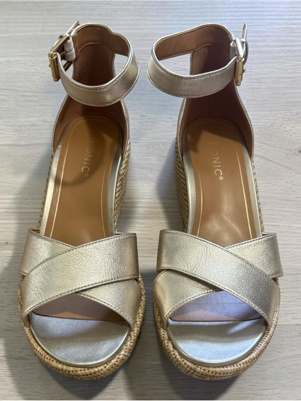 Vionic Marina Wedge Sandals Gold Metallic Ankle Strap Size 10 EU 41